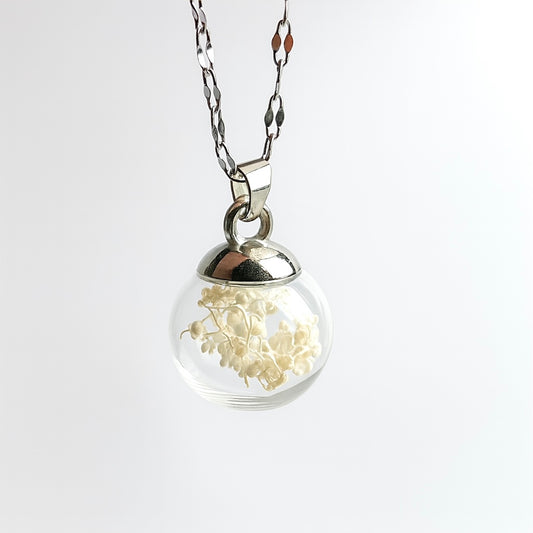 Ciondolo Sfera fiorita White - Fiori veri e Acciaio Inox