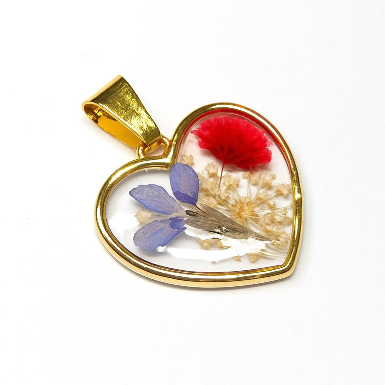 Ciondolo Cuore Blu - Fiori veri, Resina e Acciaio Inox