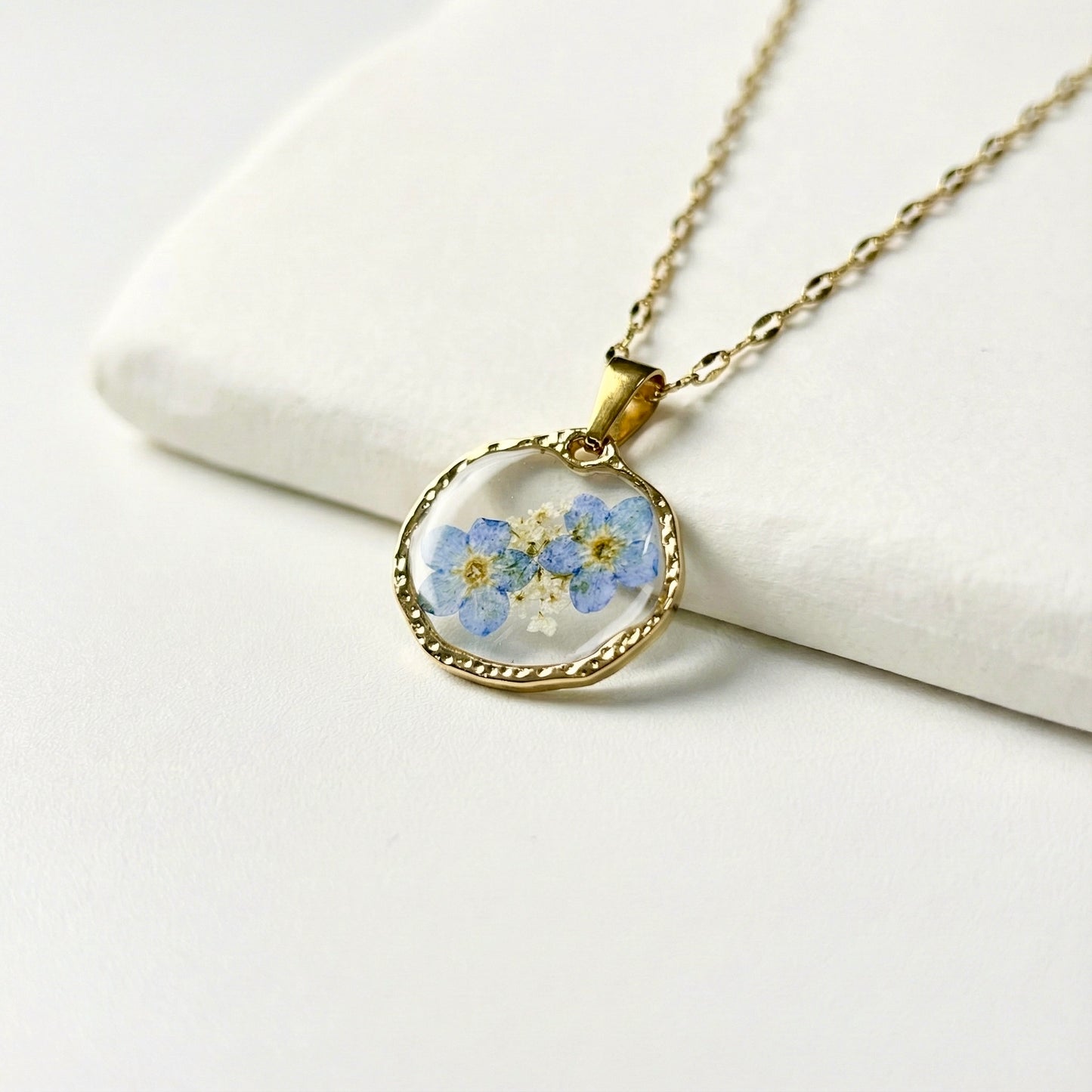 Ciondolo Azur - Fiori veri, Resina e Acciaio Inox