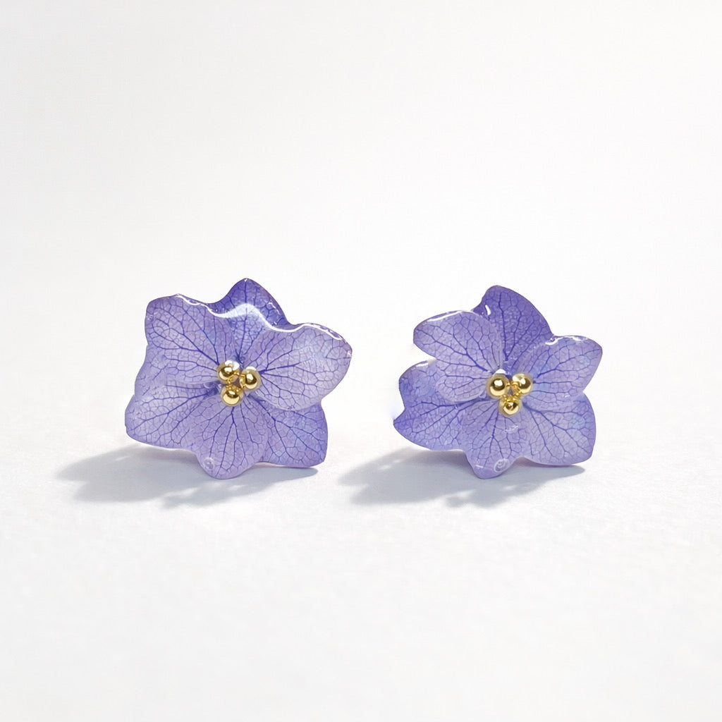Orecchini Ortensia Viola - Fiori veri, Resina e Acciaio Inox