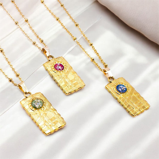 Ciondolo Gold Rettangolo - Resina, Fiori veri e Acciaio Inox