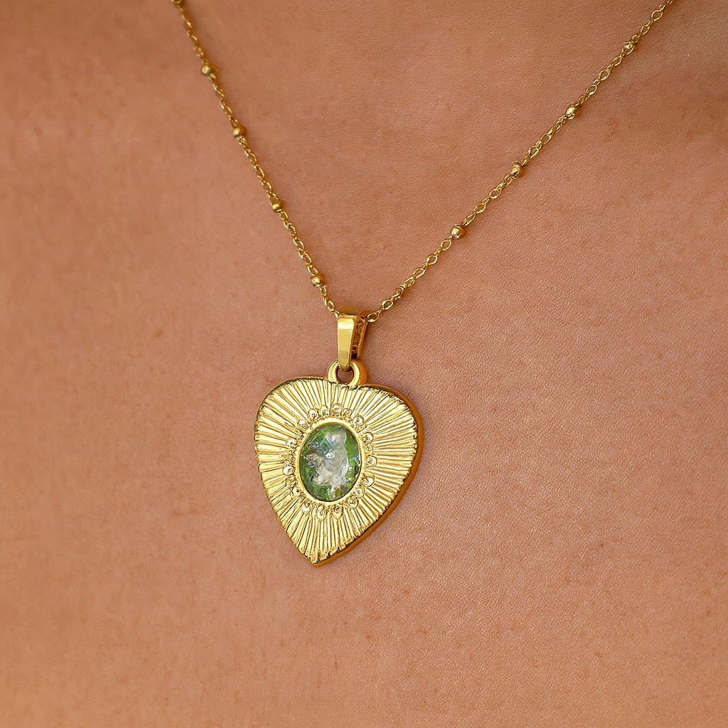 Ciondolo Gold Cuore - Resina, Fiori veri e Acciaio Inox