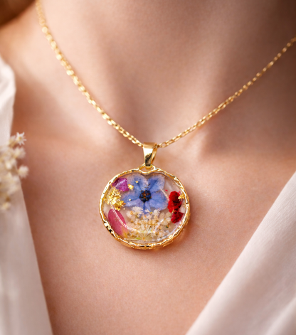 Ciondolo Giardino Fiorito - Fiori veri, Resina e Acciaio Inox