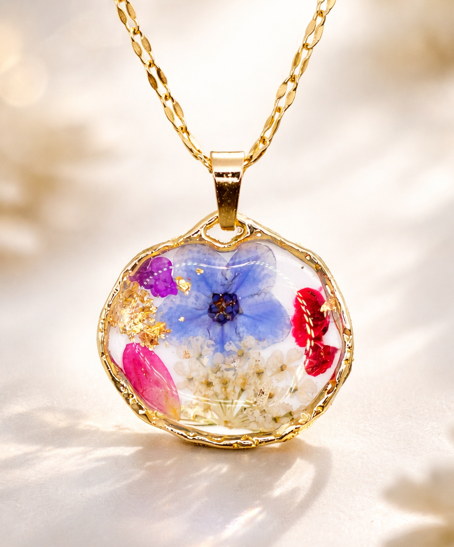 Ciondolo Giardino Fiorito - Fiori veri, Resina e Acciaio Inox