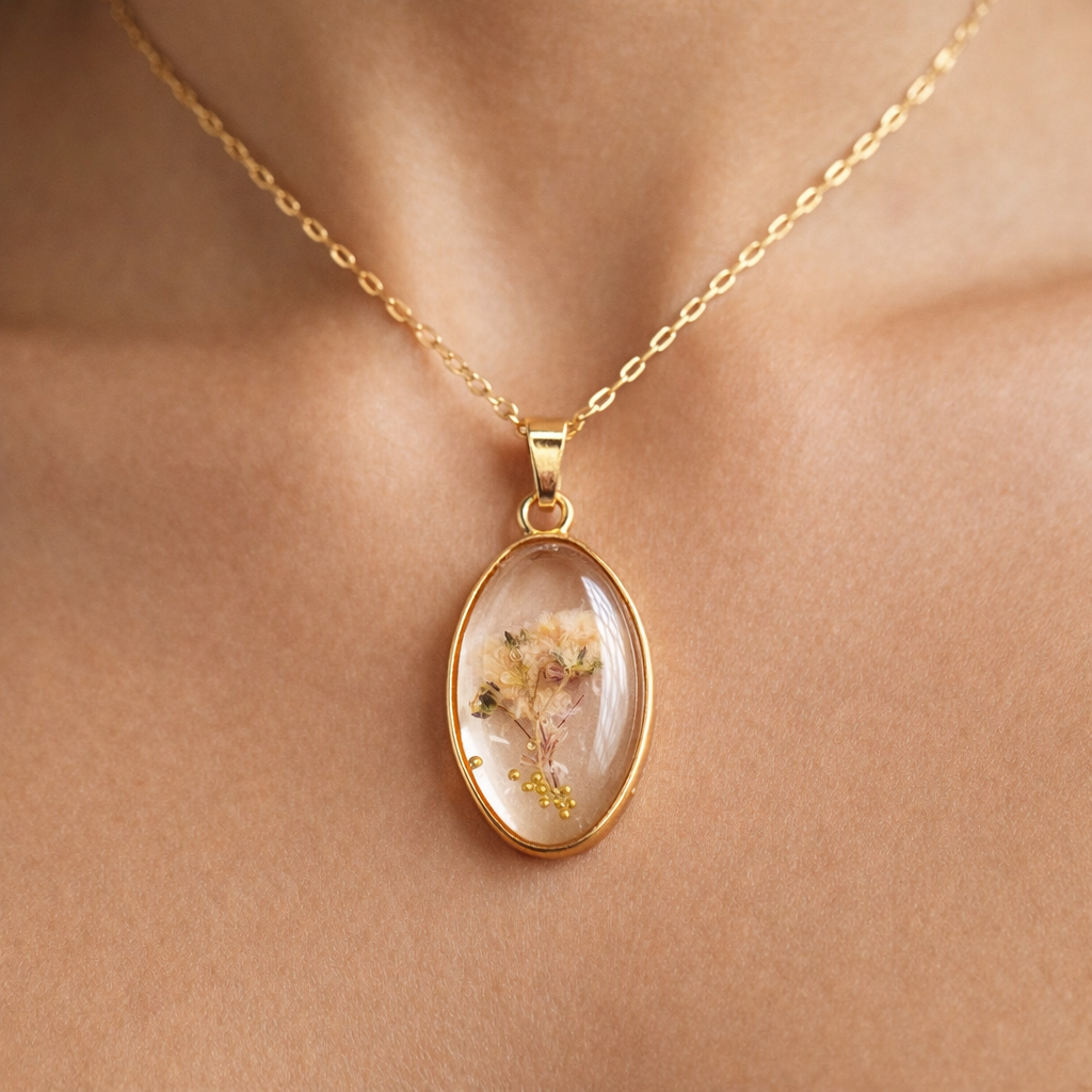 Ciondolo Elsa - Fiori veri, Resina e Acciaio Inox