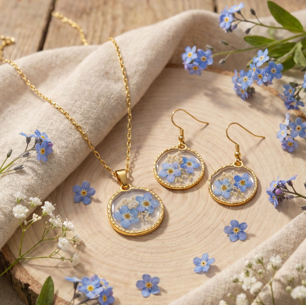 Ciondolo Azur - Fiori veri, Resina e Acciaio Inox