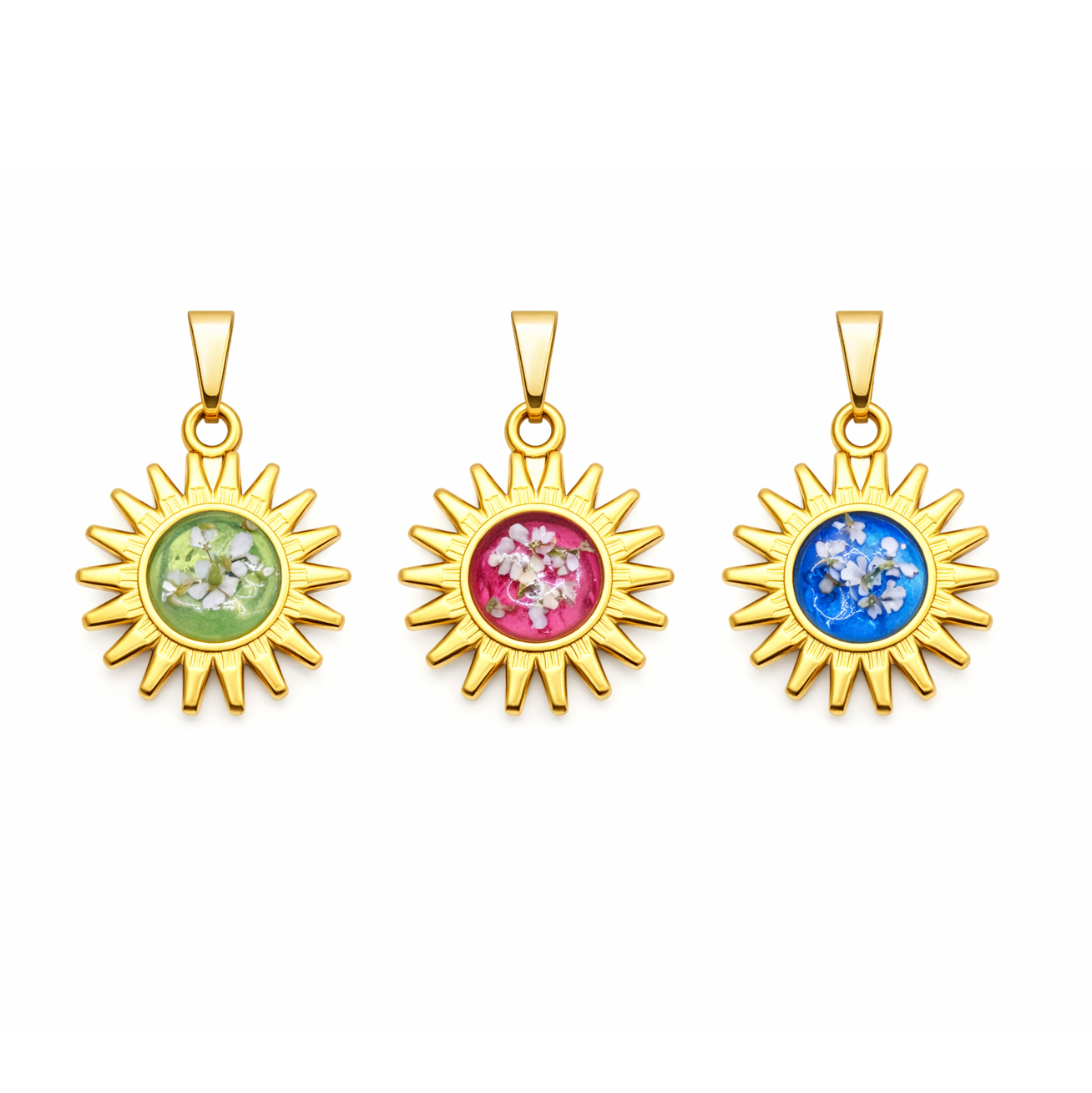 Ciondolo Gold Sole - Resina, Fiori veri e Acciaio Inox