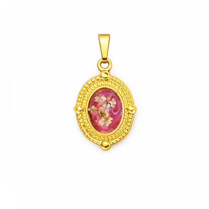 Ciondolo Gold Ovale  - Resina, Fiori veri e Acciaio Inox