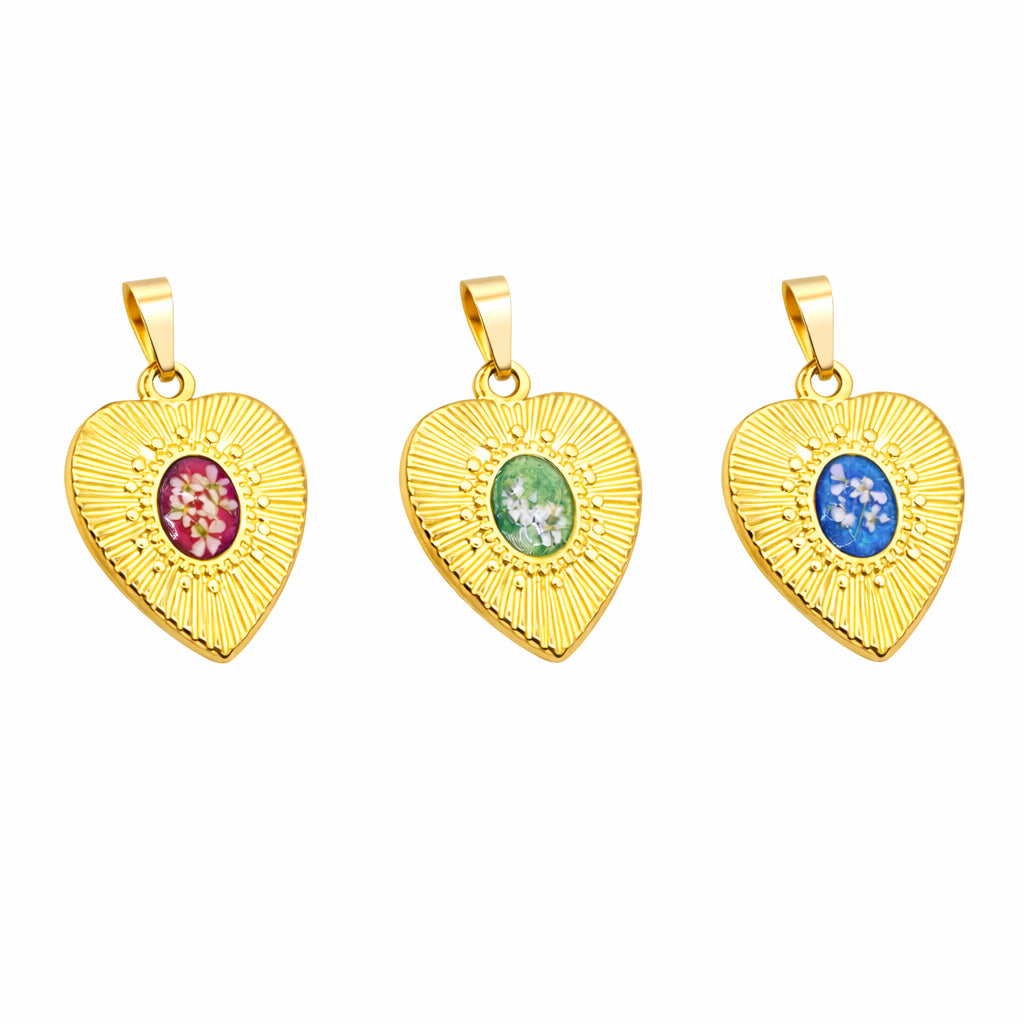 Ciondolo Gold Cuore - Resina, Fiori veri e Acciaio Inox