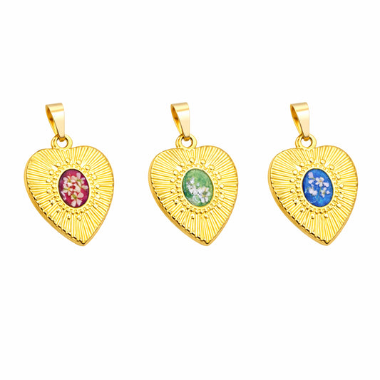 Ciondolo Gold Cuore - Resina, Fiori veri e Acciaio Inox