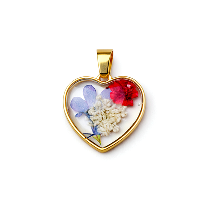 Ciondolo Cuore Blu - Fiori veri, Resina e Acciaio Inox