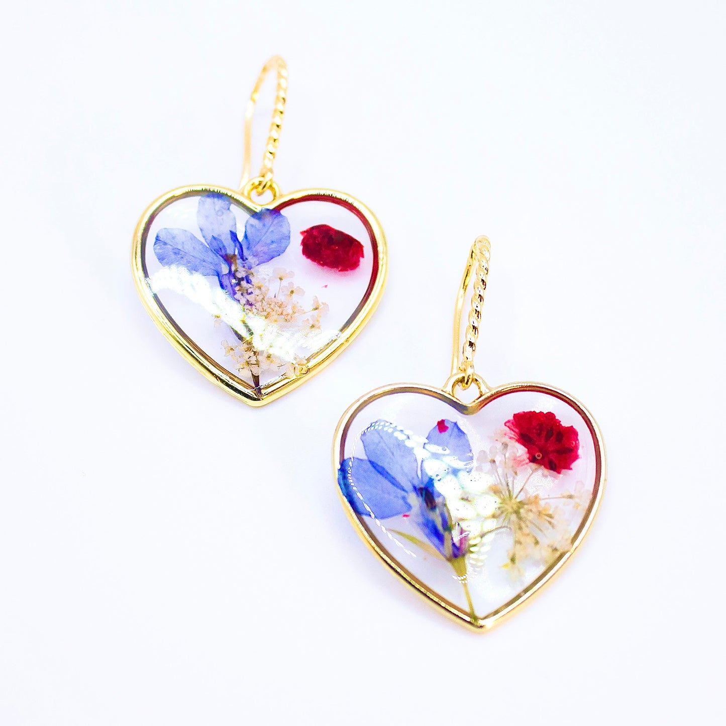 Orecchini Cuore Blu - Fiori veri, Resina e Acciaio Inox