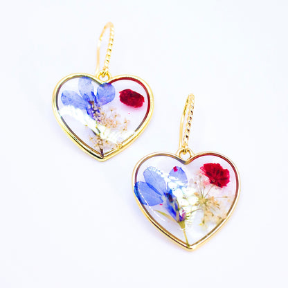 Orecchini Cuore Blu - Fiori veri, Resina e Acciaio Inox