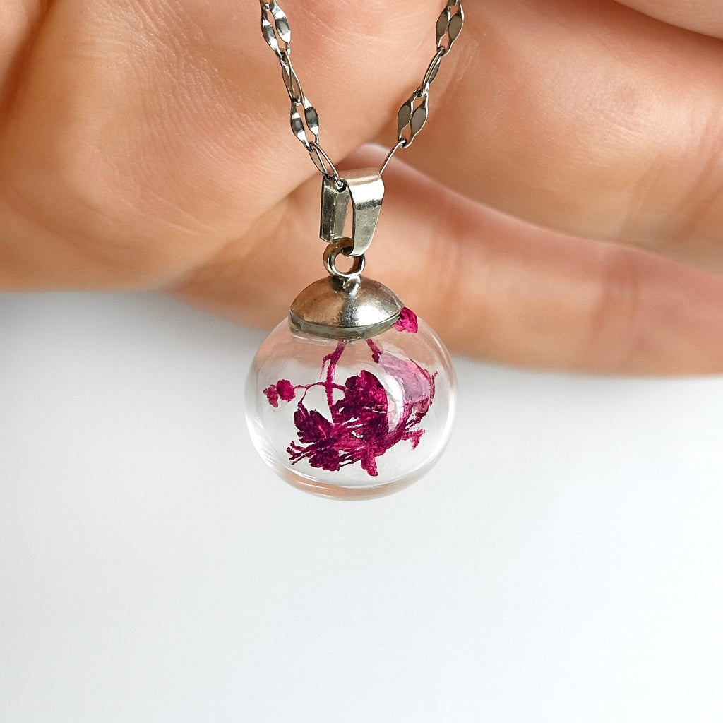 Ciondolo Sfera fiorita Rose - Fiori veri e Acciaio Inox
