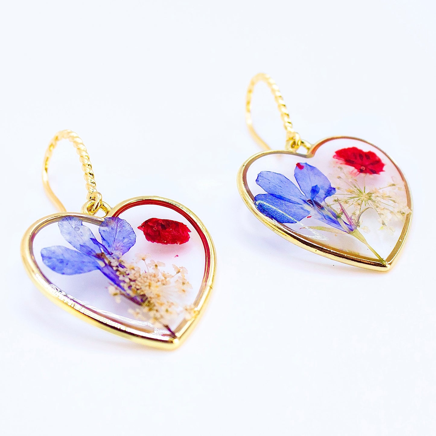 Orecchini Cuore Blu - Fiori veri, Resina e Acciaio Inox