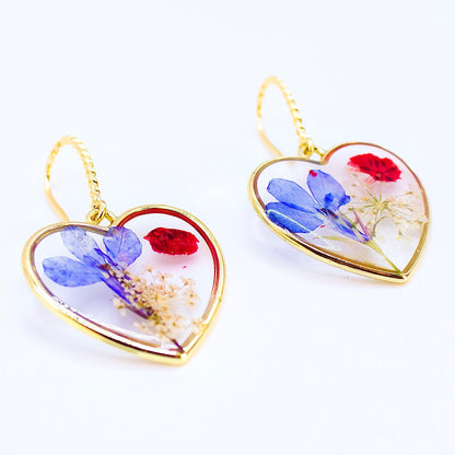 Orecchini Cuore Blu - Fiori veri, Resina e Acciaio Inox