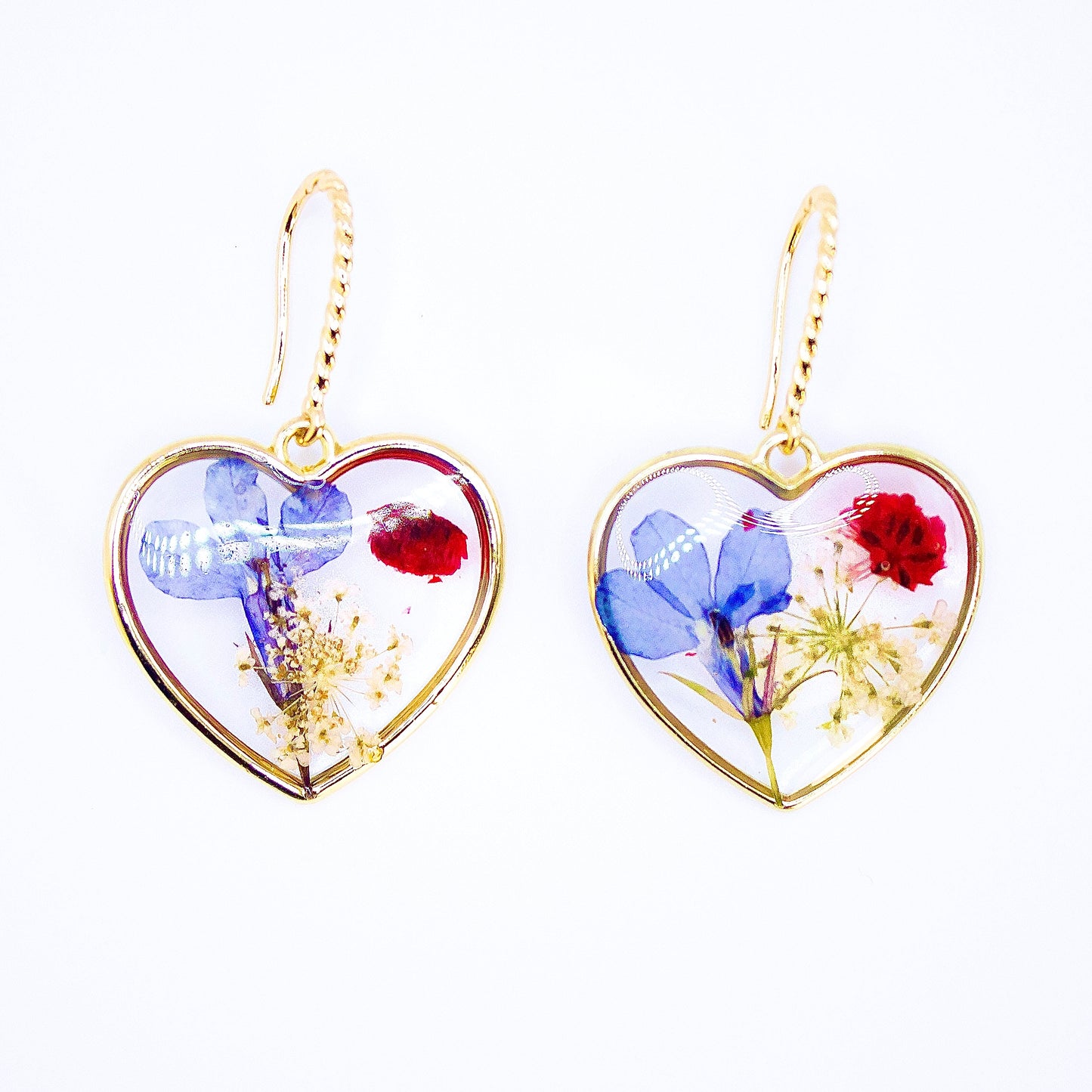 Orecchini Cuore Blu - Fiori veri, Resina e Acciaio Inox