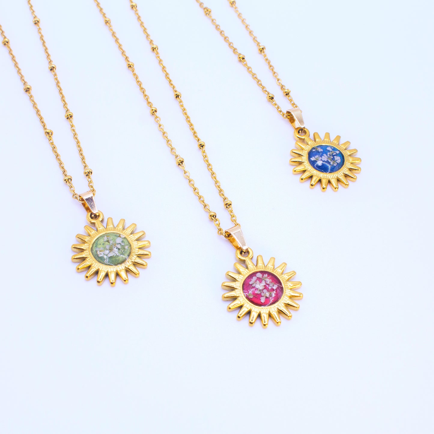 Ciondolo Gold Sole - Resina, Fiori veri e Acciaio Inox