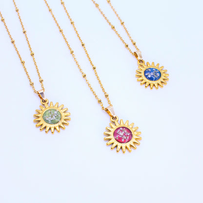Ciondolo Gold Sole - Resina, Fiori veri e Acciaio Inox