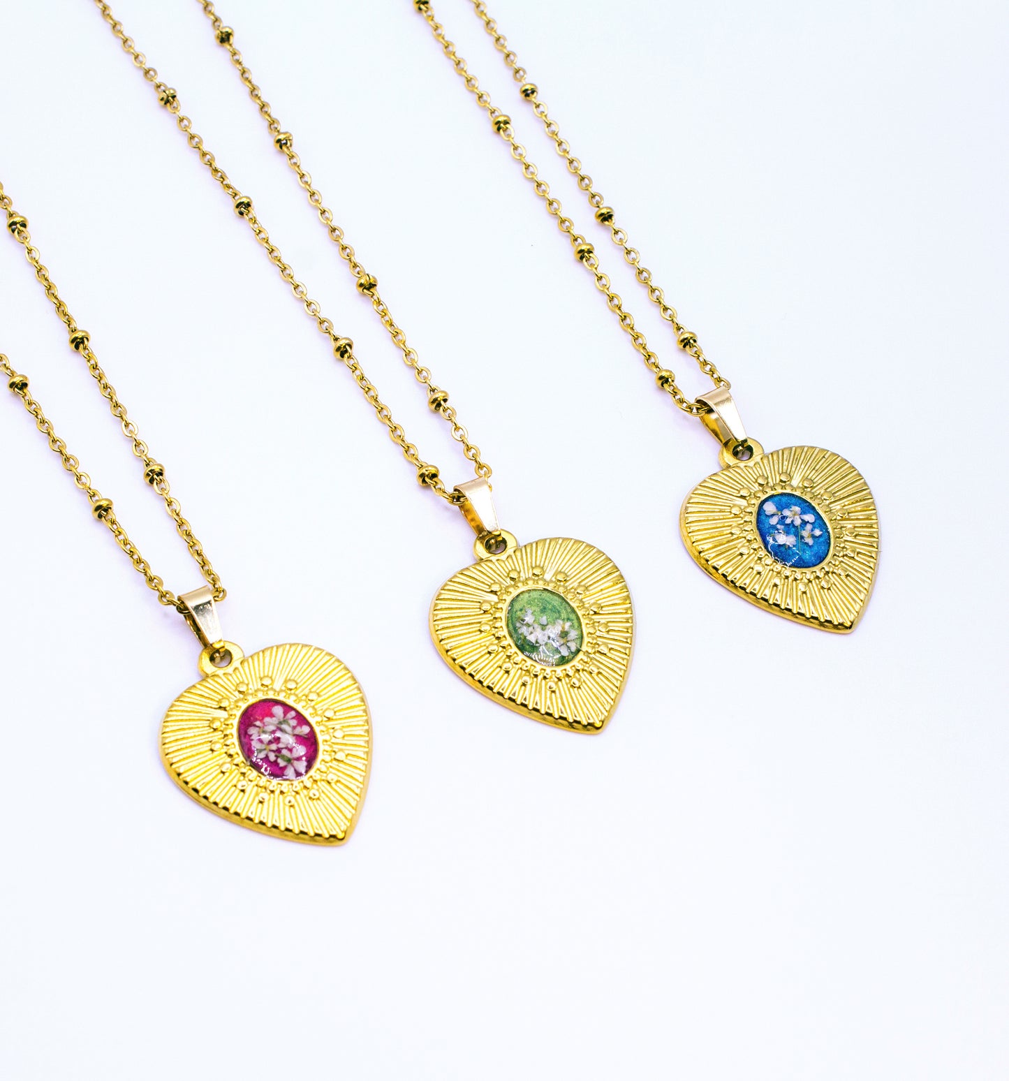 Ciondolo Gold Cuore - Resina, Fiori veri e Acciaio Inox