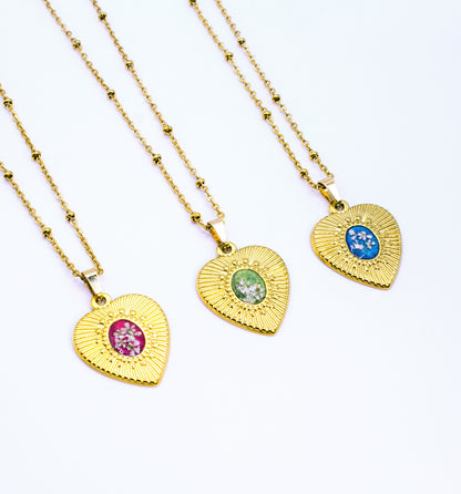 Ciondolo Gold Cuore - Resina, Fiori veri e Acciaio Inox