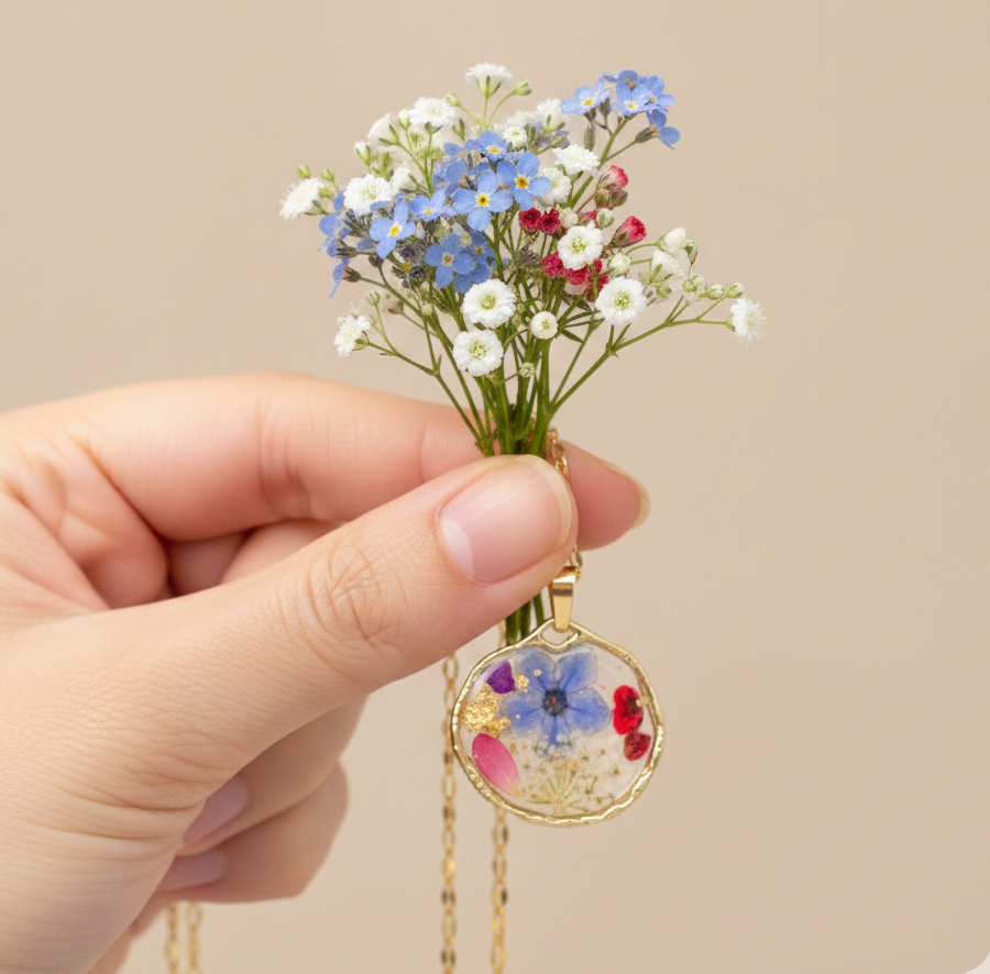 Ciondolo Giardino Fiorito - Fiori veri, Resina e Acciaio Inox