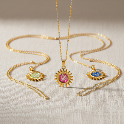 Ciondolo Gold Sole - Resina, Fiori veri e Acciaio Inox