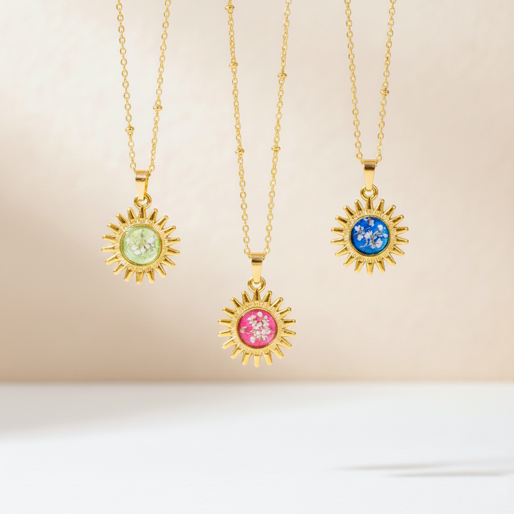 Ciondolo Gold Sole - Resina, Fiori veri e Acciaio Inox