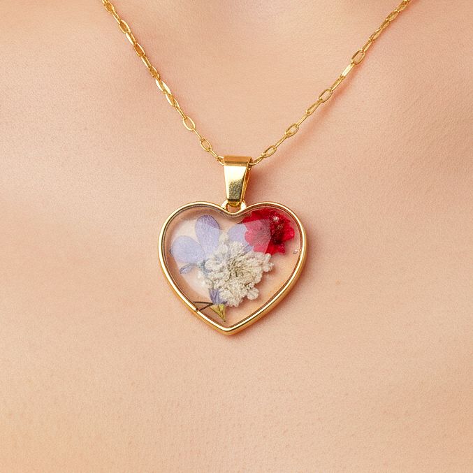 Ciondolo Cuore Blu - Fiori veri, Resina e Acciaio Inox