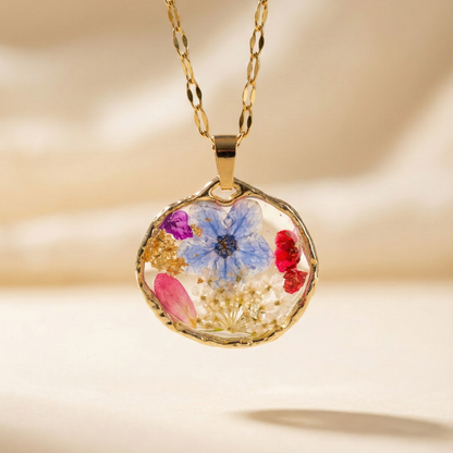 Ciondolo Giardino Fiorito - Fiori veri, Resina e Acciaio Inox