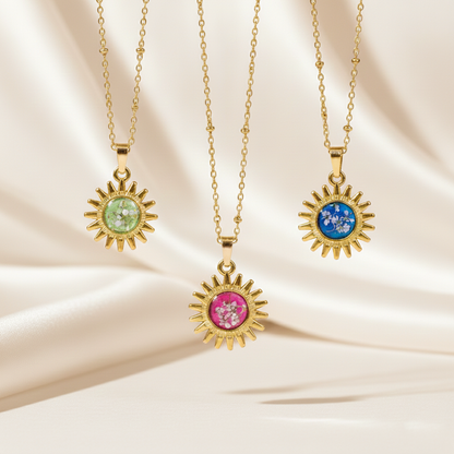 Ciondolo Gold Sole - Resina, Fiori veri e Acciaio Inox