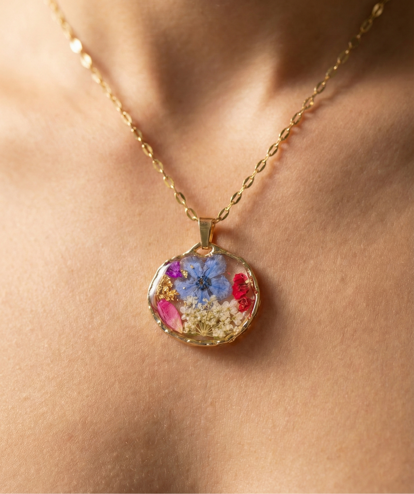 Ciondolo Giardino Fiorito - Fiori veri, Resina e Acciaio Inox