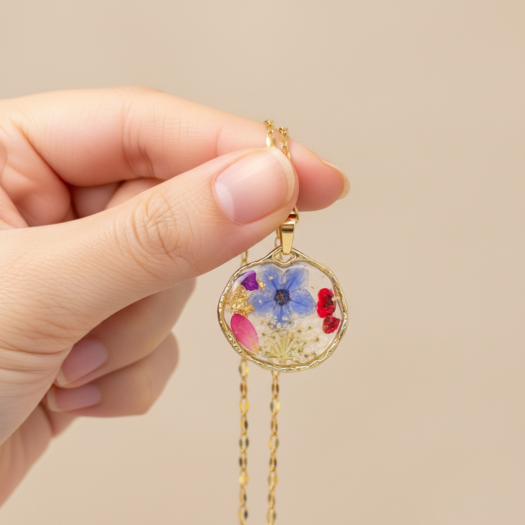 Ciondolo Giardino Fiorito - Fiori veri, Resina e Acciaio Inox