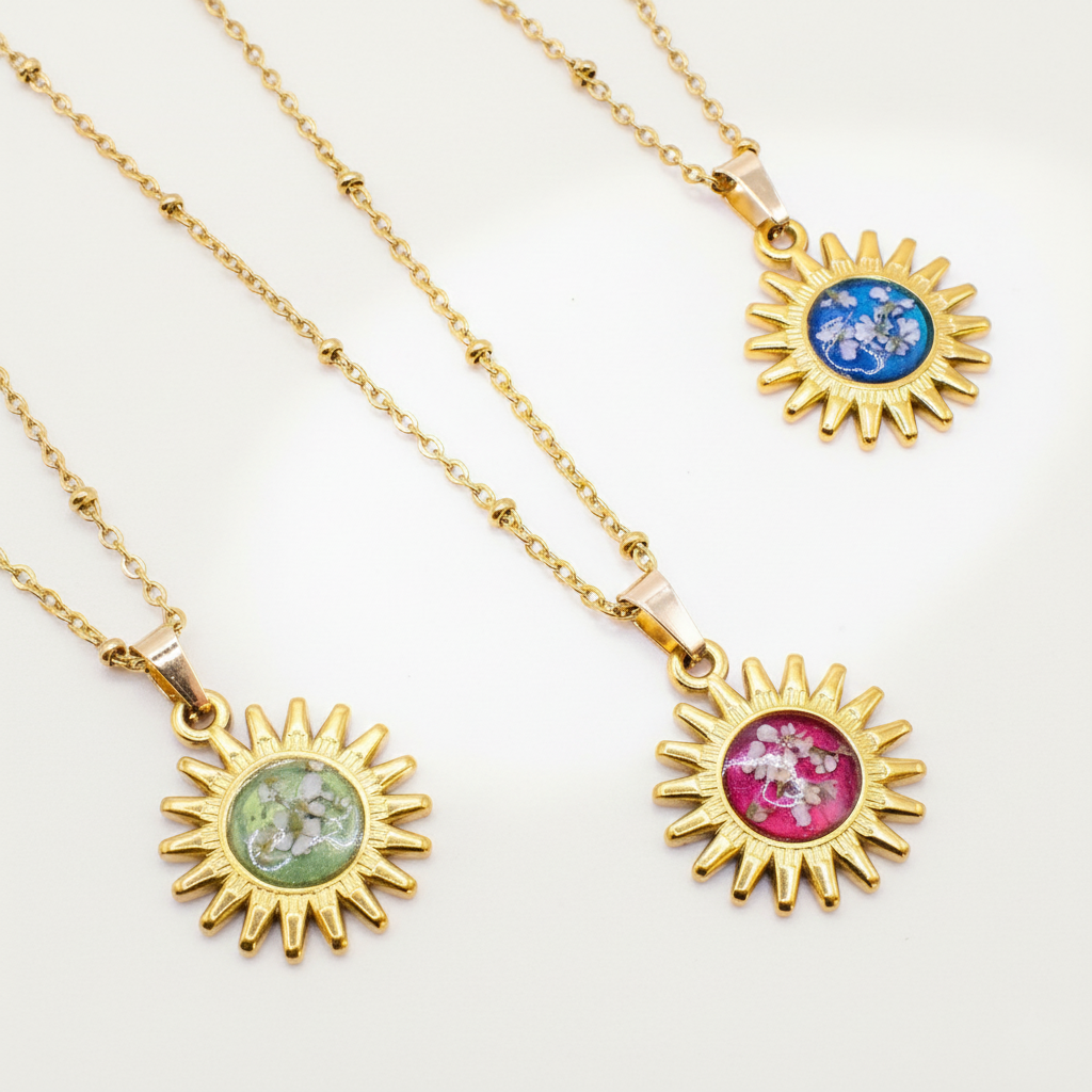 Ciondolo Gold Sole - Resina, Fiori veri e Acciaio Inox