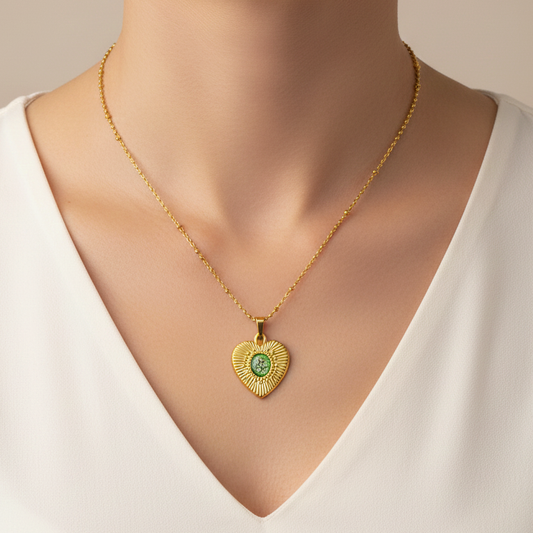 Ciondolo Gold Cuore - Resina, Fiori veri e Acciaio Inox