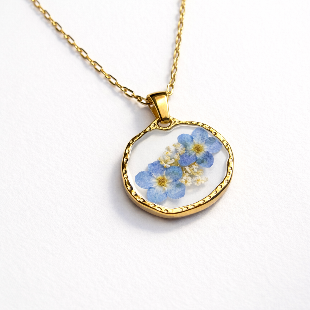 Ciondolo Azur - Fiori veri, Resina e Acciaio Inox