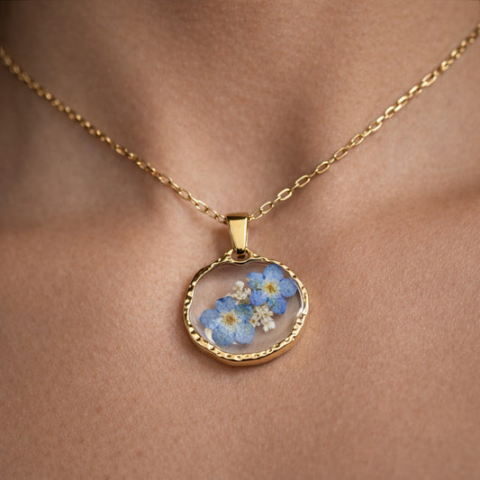 Ciondolo Azur - Fiori veri, Resina e Acciaio Inox