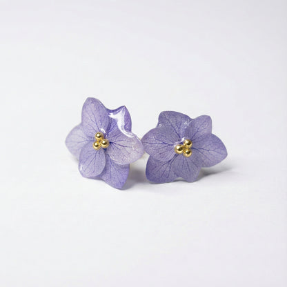 Orecchini Ortensia Viola - Fiori veri, Resina e Acciaio Inox