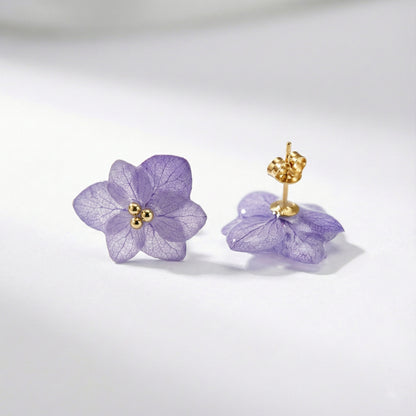Orecchini Ortensia Viola - Fiori veri, Resina e Acciaio Inox
