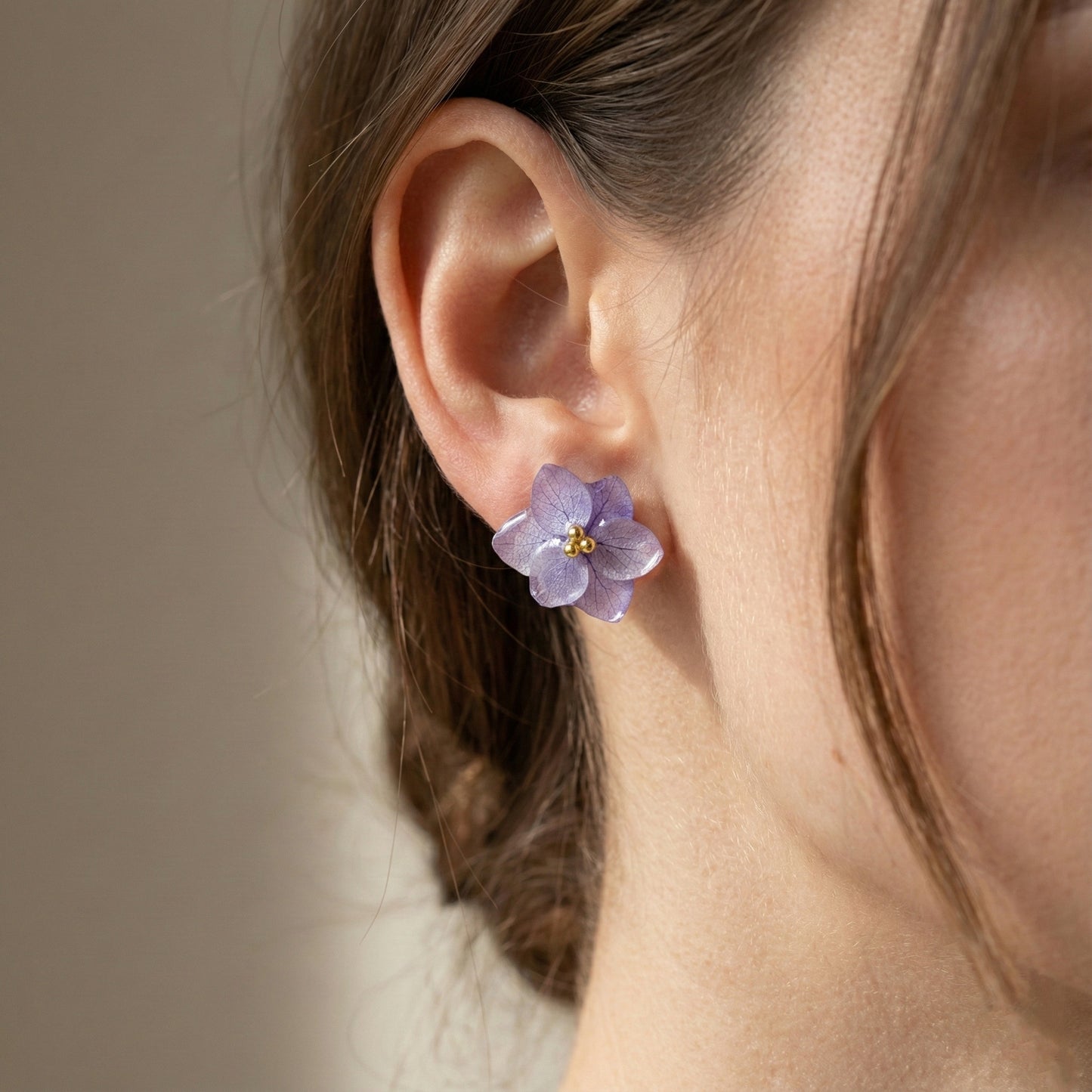 Orecchini Ortensia Viola - Fiori veri, Resina e Acciaio Inox