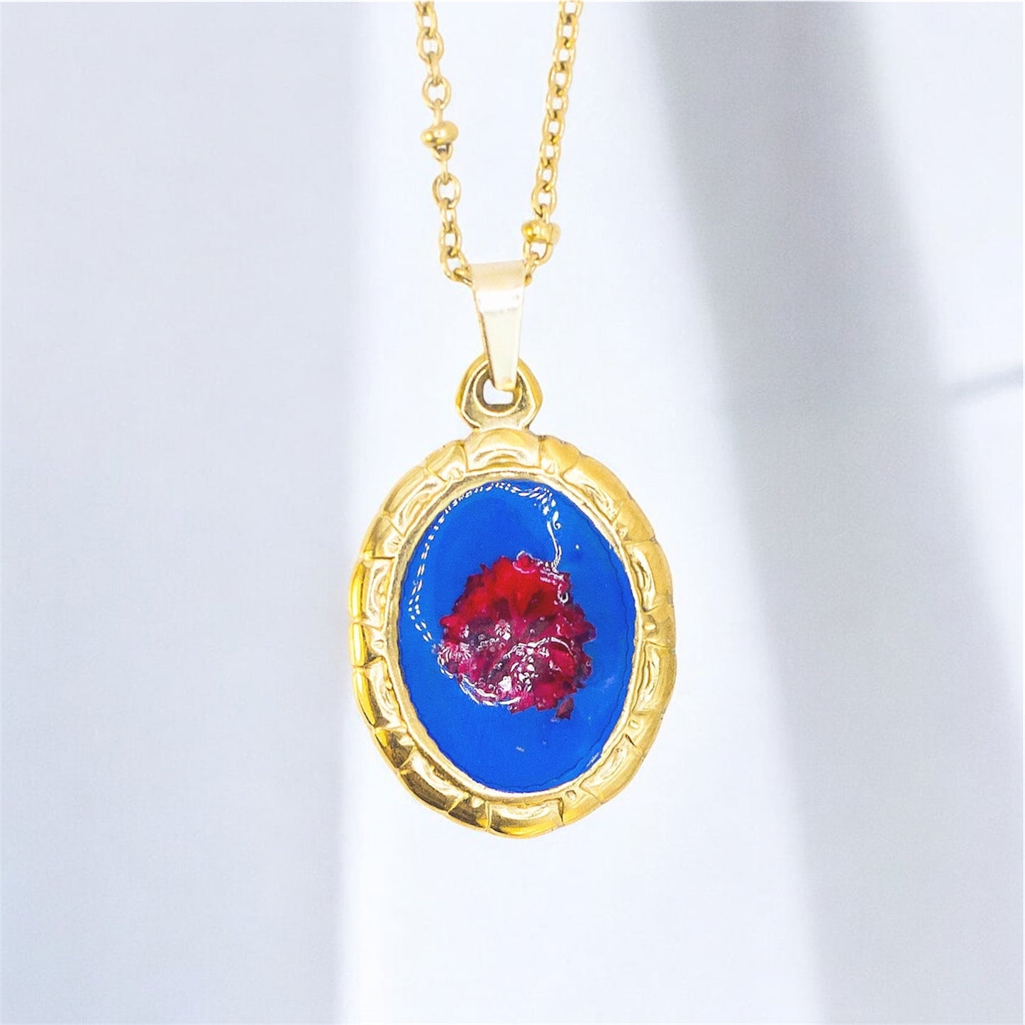 Ciondolo Oceano Blu - Resina, Fiori veri e Acciaio Inox