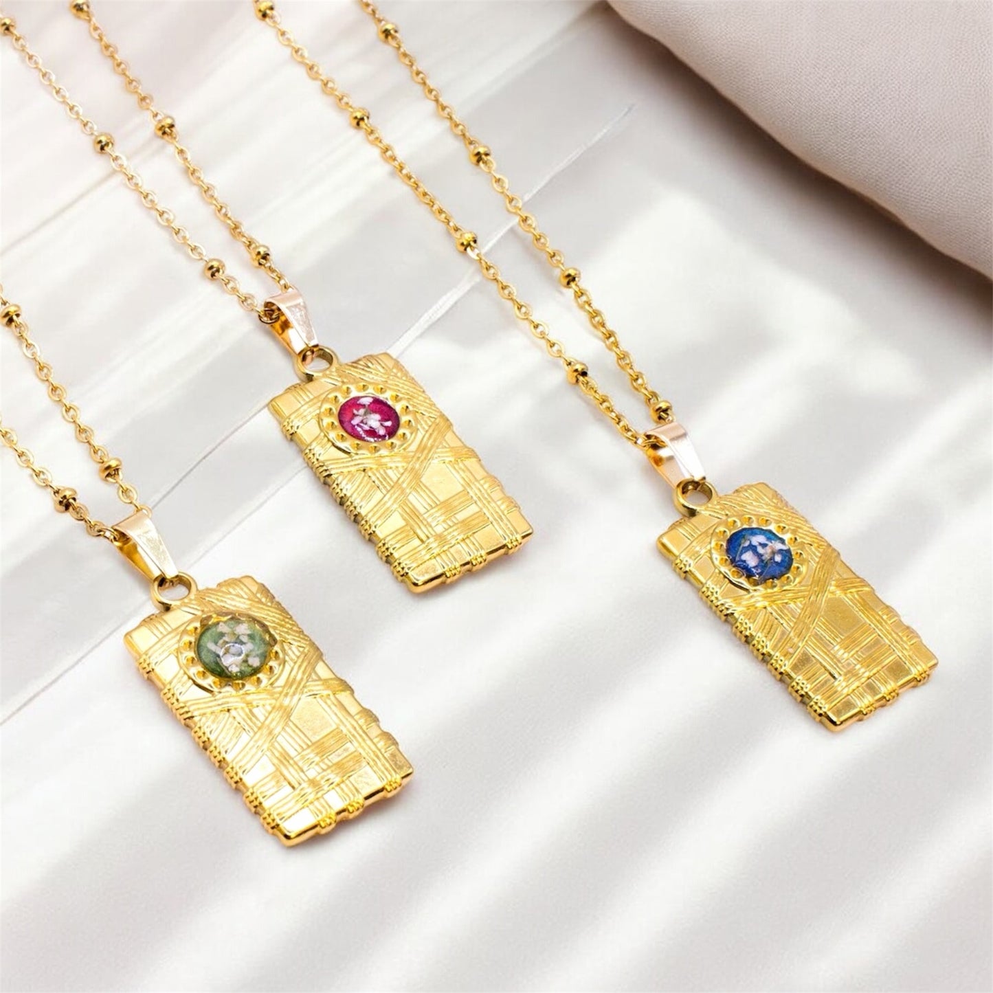 Ciondolo Gold Rettangolo - Resina, Fiori veri e Acciaio Inox