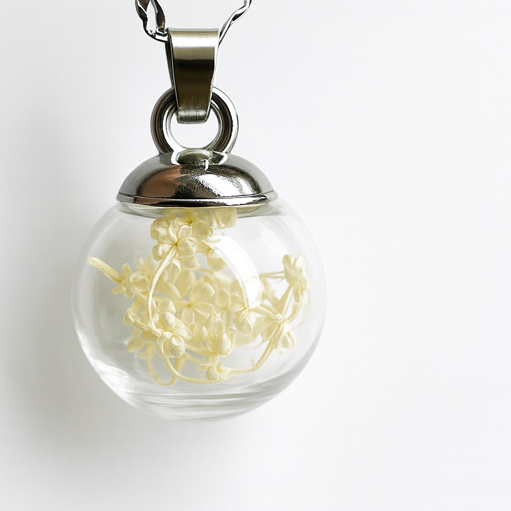 Ciondolo Sfera fiorita White - Fiori veri e Acciaio Inox