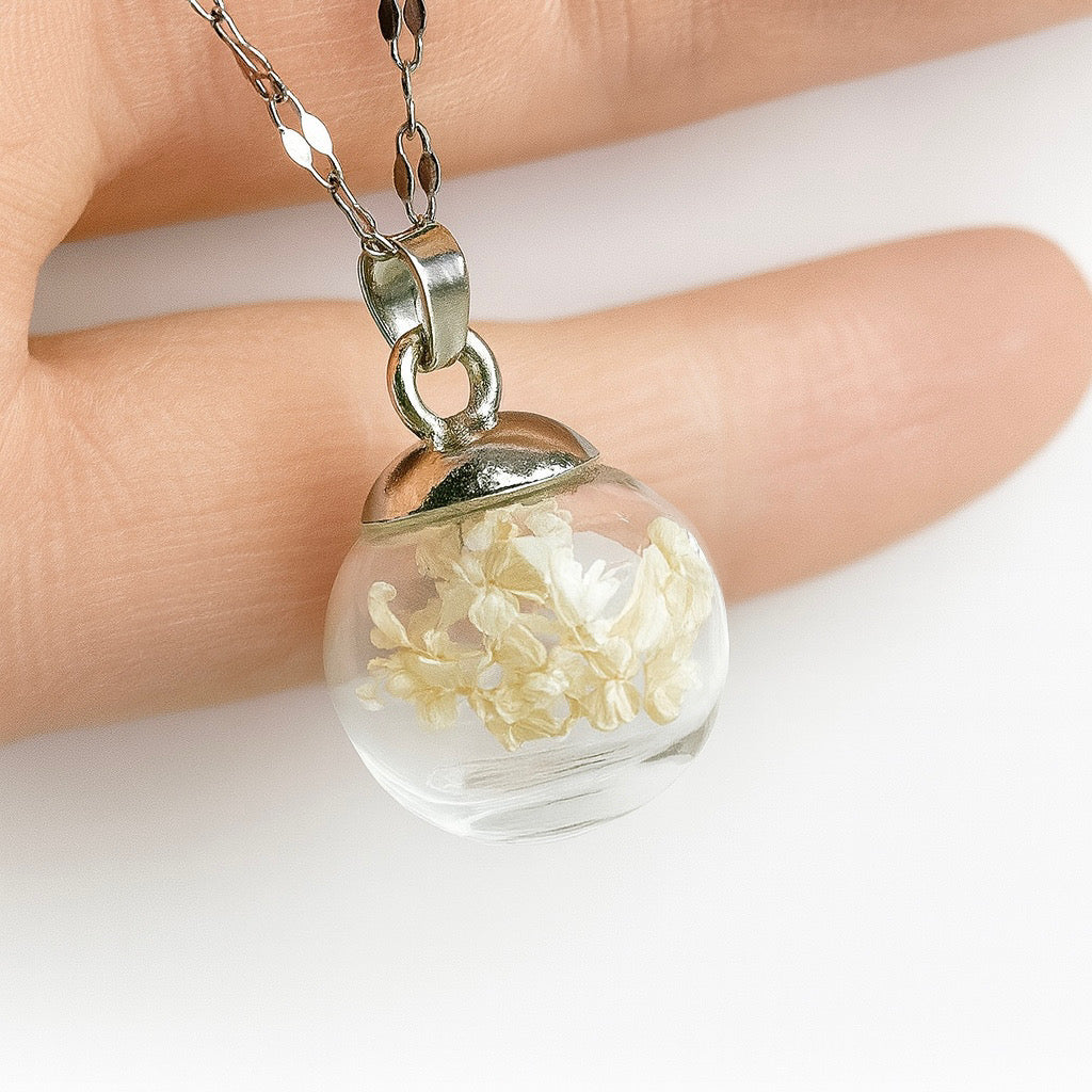 Ciondolo Sfera fiorita White - Fiori veri e Acciaio Inox