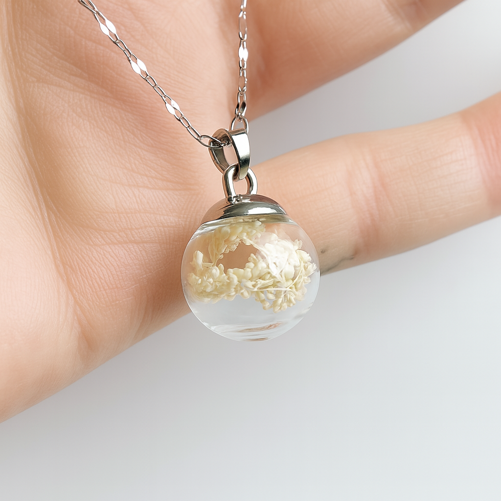 Ciondolo Sfera fiorita White - Fiori veri e Acciaio Inox