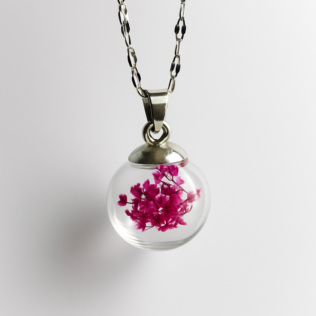 Ciondolo Sfera fiorita Rose - Fiori veri e Acciaio Inox