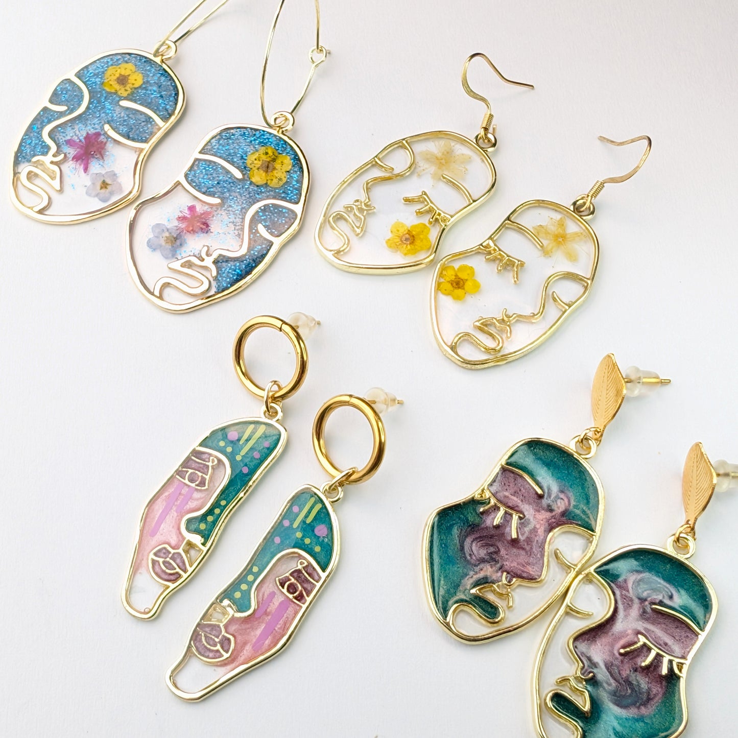 Orecchini Facce - Resina, Fiori veri, pittura a mano e Acciaio Inox